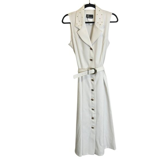 Vtg 80s White Sleeveless Button Down Midi Dress Sz 14 Belted Gold Studs Canadian - Picture 5 of 8